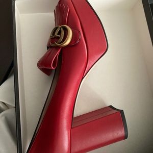 GUCCI GG Marmont Gucci Double G Fringe Leather 3in heel 1.2 in Platform Size 38